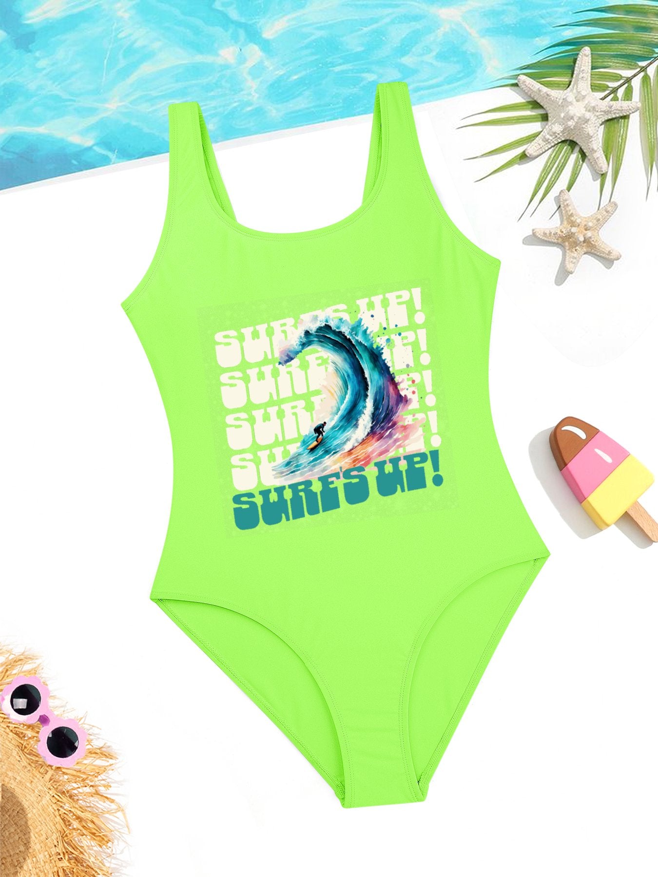 Surf's Up Girls' Summer One-Piece Swimsuit (Front Printing)