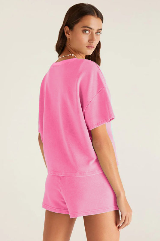 Pink V-neck Drop Shoulder T-shirt and Shorts Outfit Set