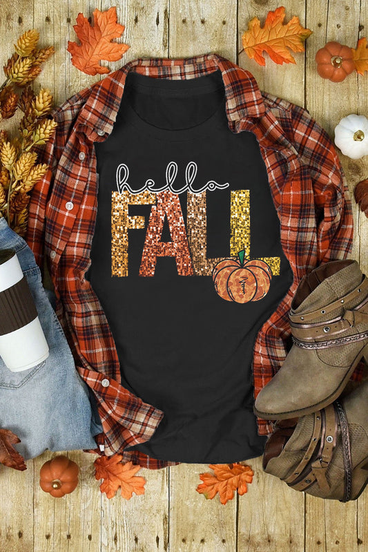 Black Hello Fall Pumpkin Printed Autumn T-shirt