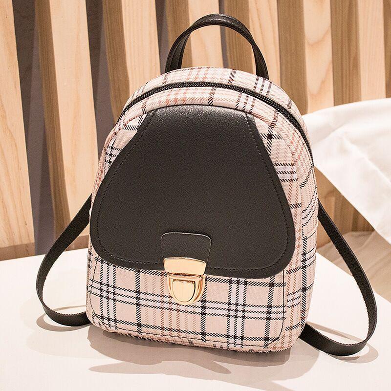 Women's Check Lock Small Backpack One Shoulder Diagonal Handbag Coin Purse