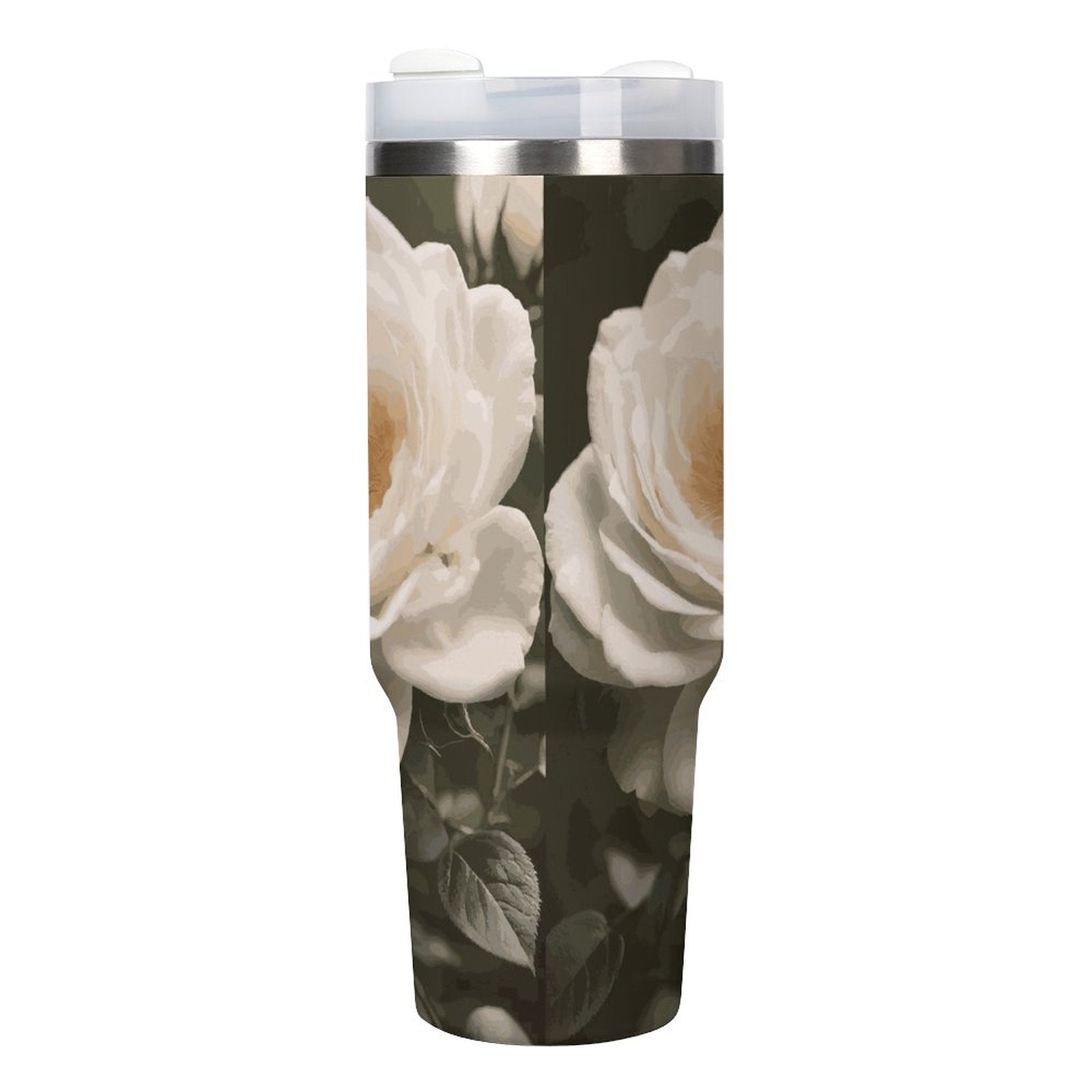 White Rose 40oz Large Capacity Stainless Steel Tumbler Cup