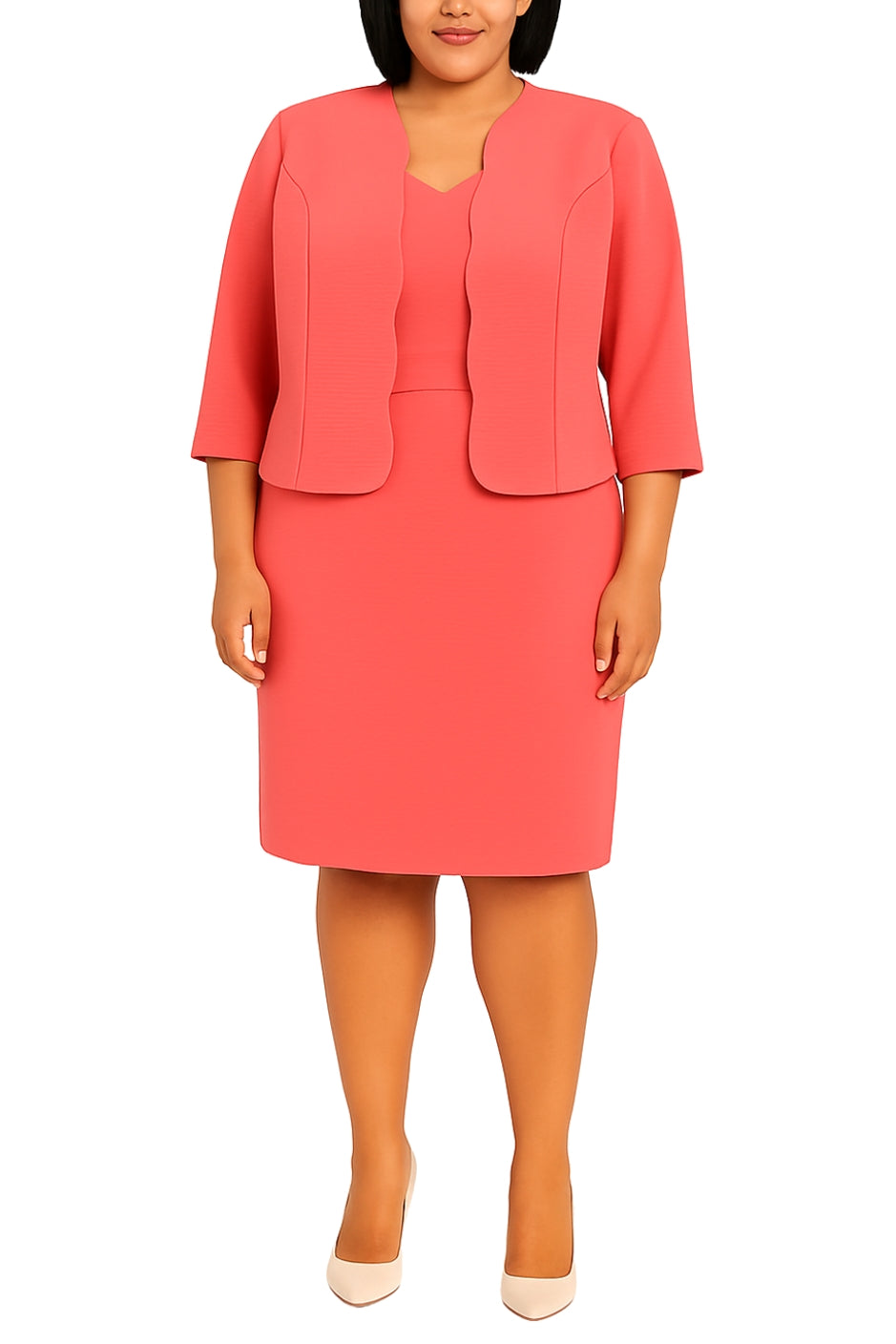 Studio One Coral Knee-Length Sheath Dress with Scalloped Open-Front Quarter Sleeves Jacket Skirt Suit (Plus Size)