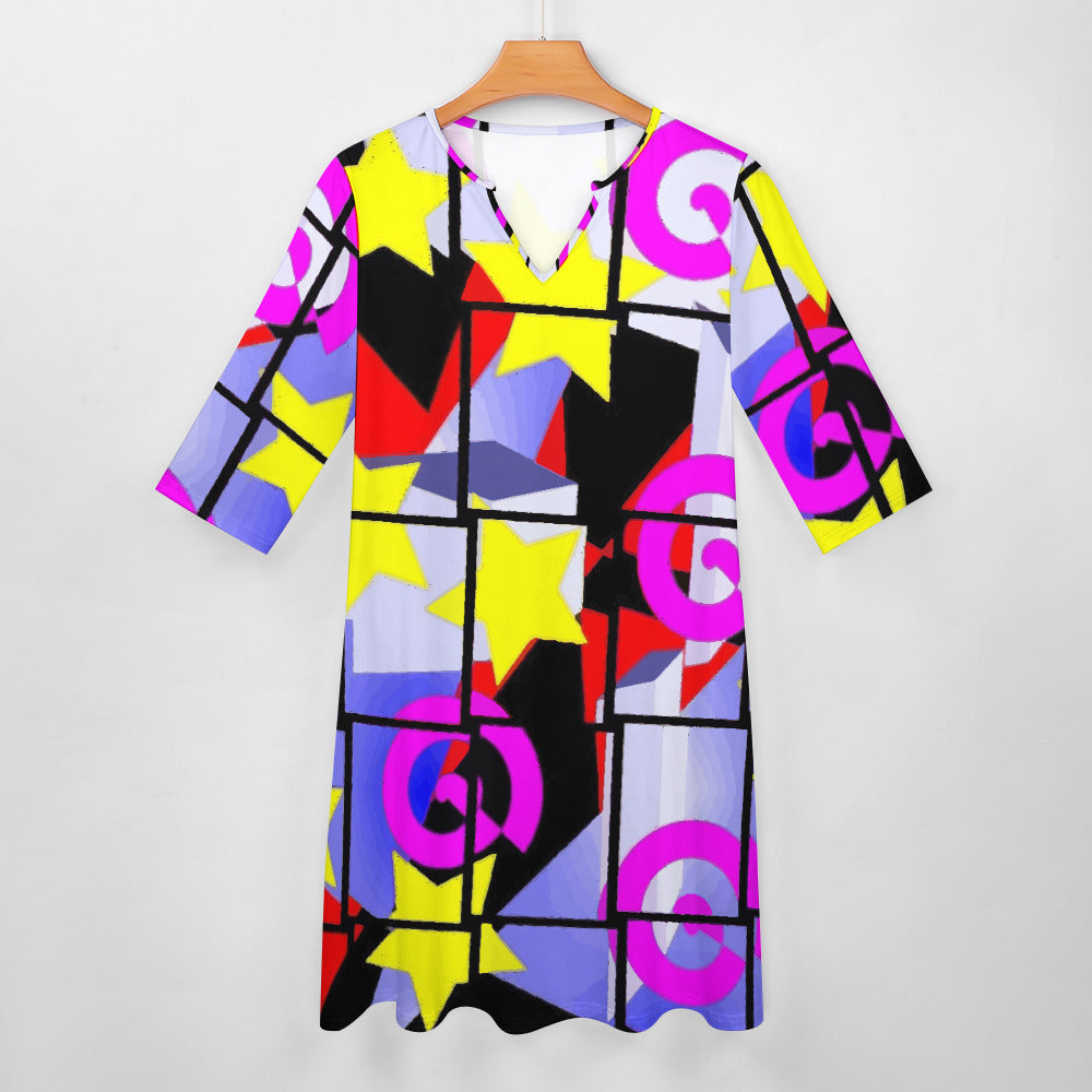 Vestido de diseño abstracto de los años 80 con bolsillos hasta 5XL