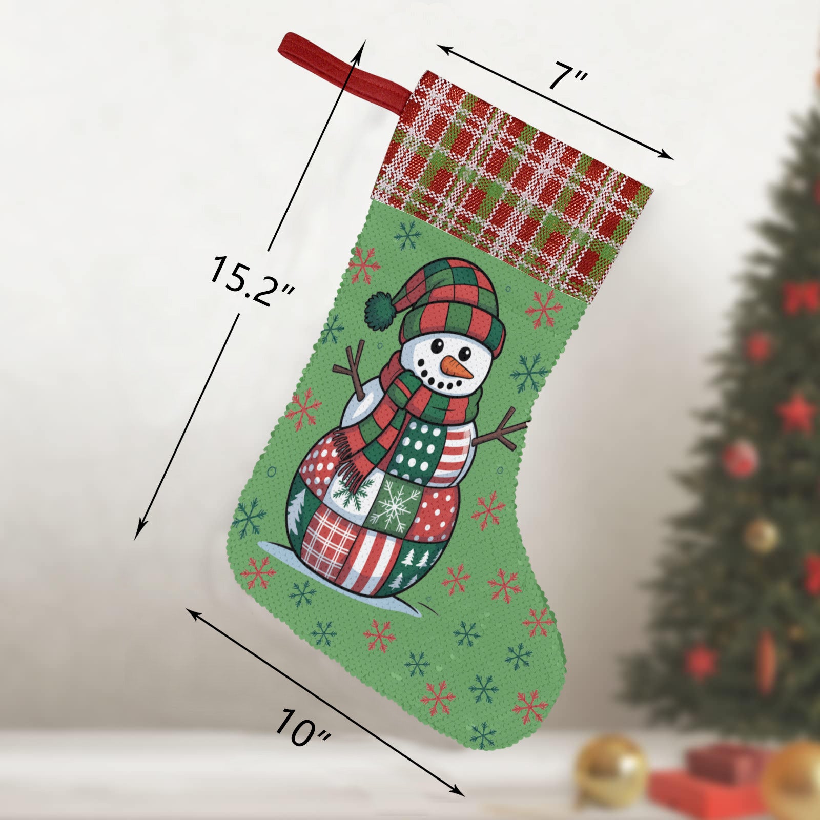 Patchwork Snowman Sequin Christmas Stocking (Made in USA)
