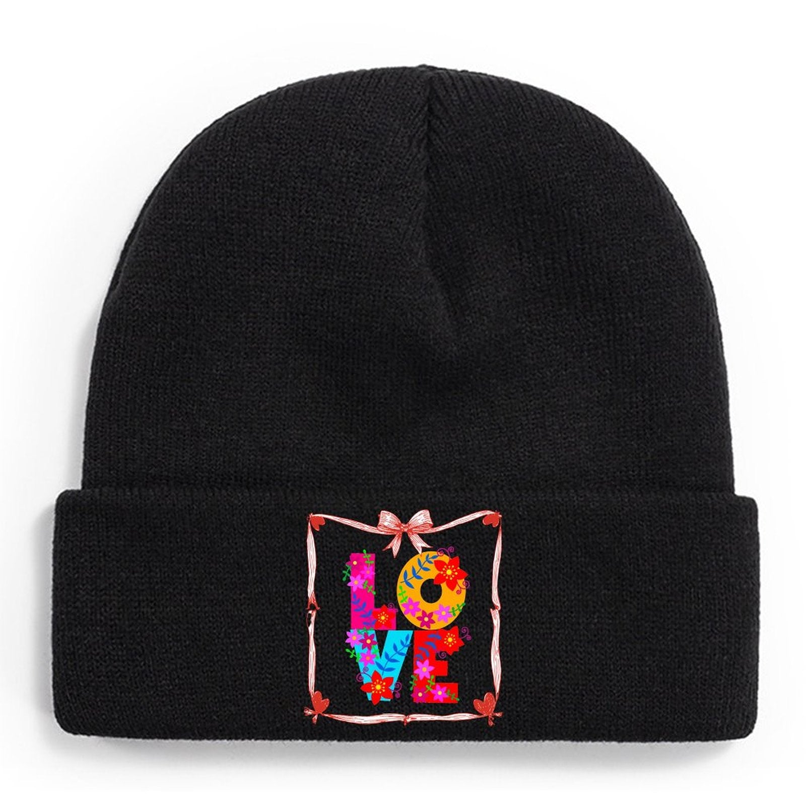 Floral LOVE Knit Warm Winter Beanie Hat (Made in USA)