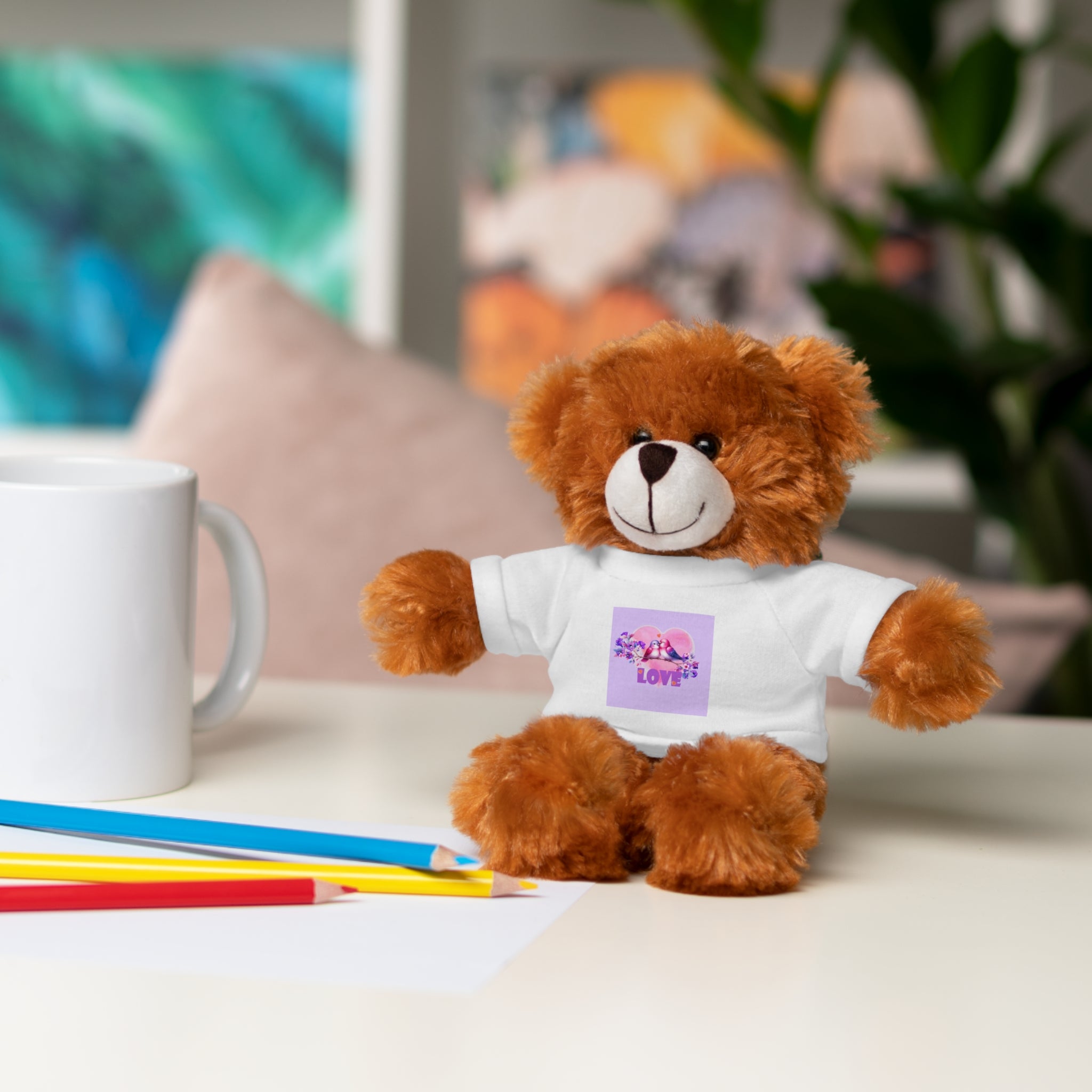 Stuffed Animal Wearing T-shirt of Love Birds