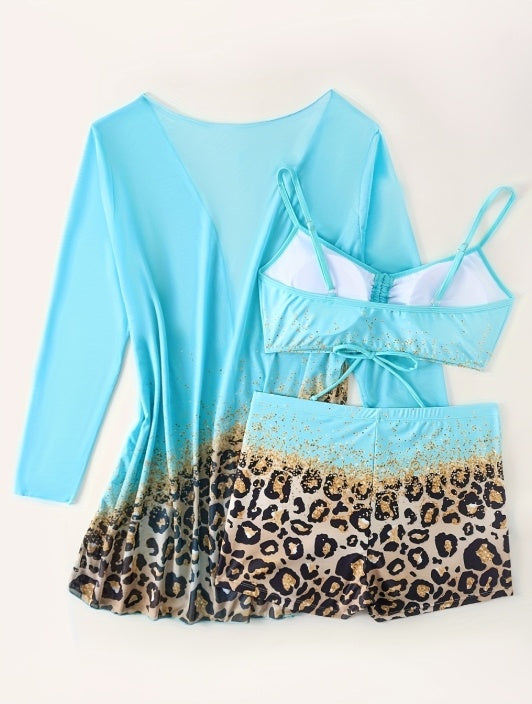 Women's Plus Size Light Blue Leopard Print 3-piece Casual Swimsuit