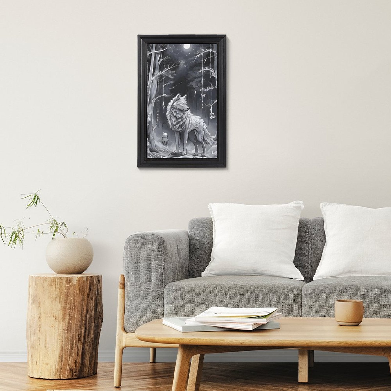 Ethereal Wolf in the Moonlight Framed Vertical Canvas Wall Art Print - 16