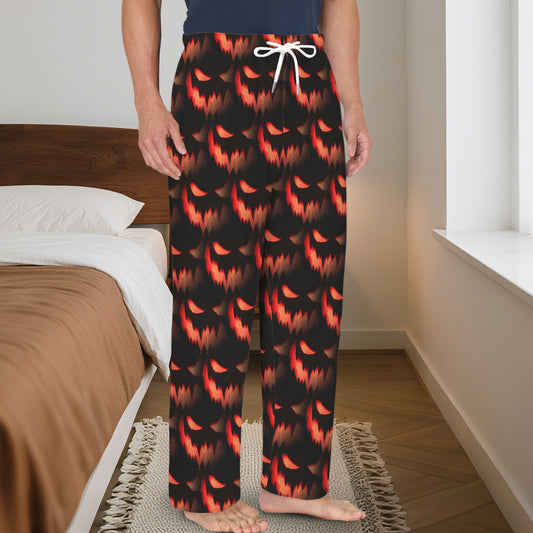 Orange Spooky Face Pattern Men's Drawstring Pajama Trousers Without Pockets