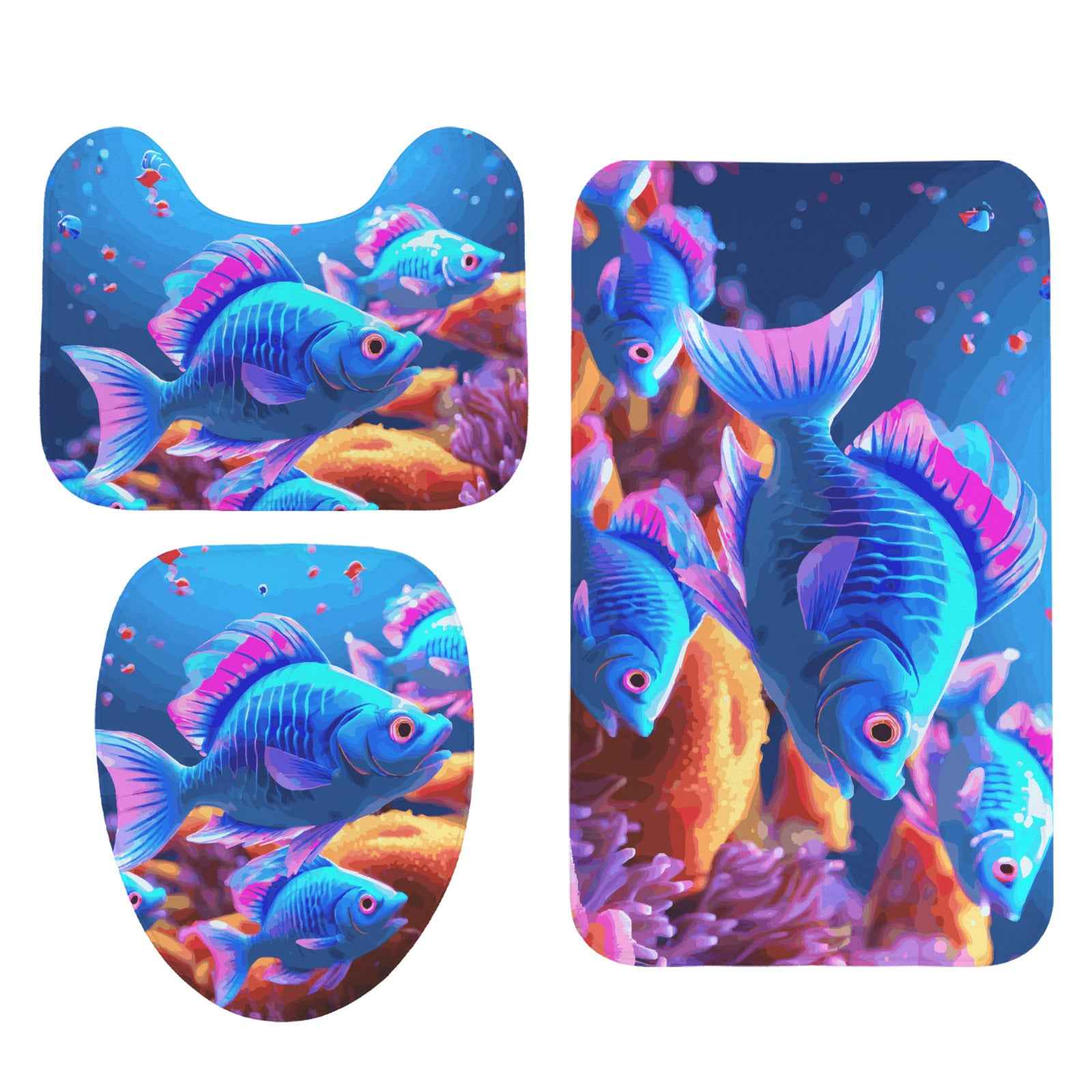 Blue Fish 3-Piece Bathroom Rug Set