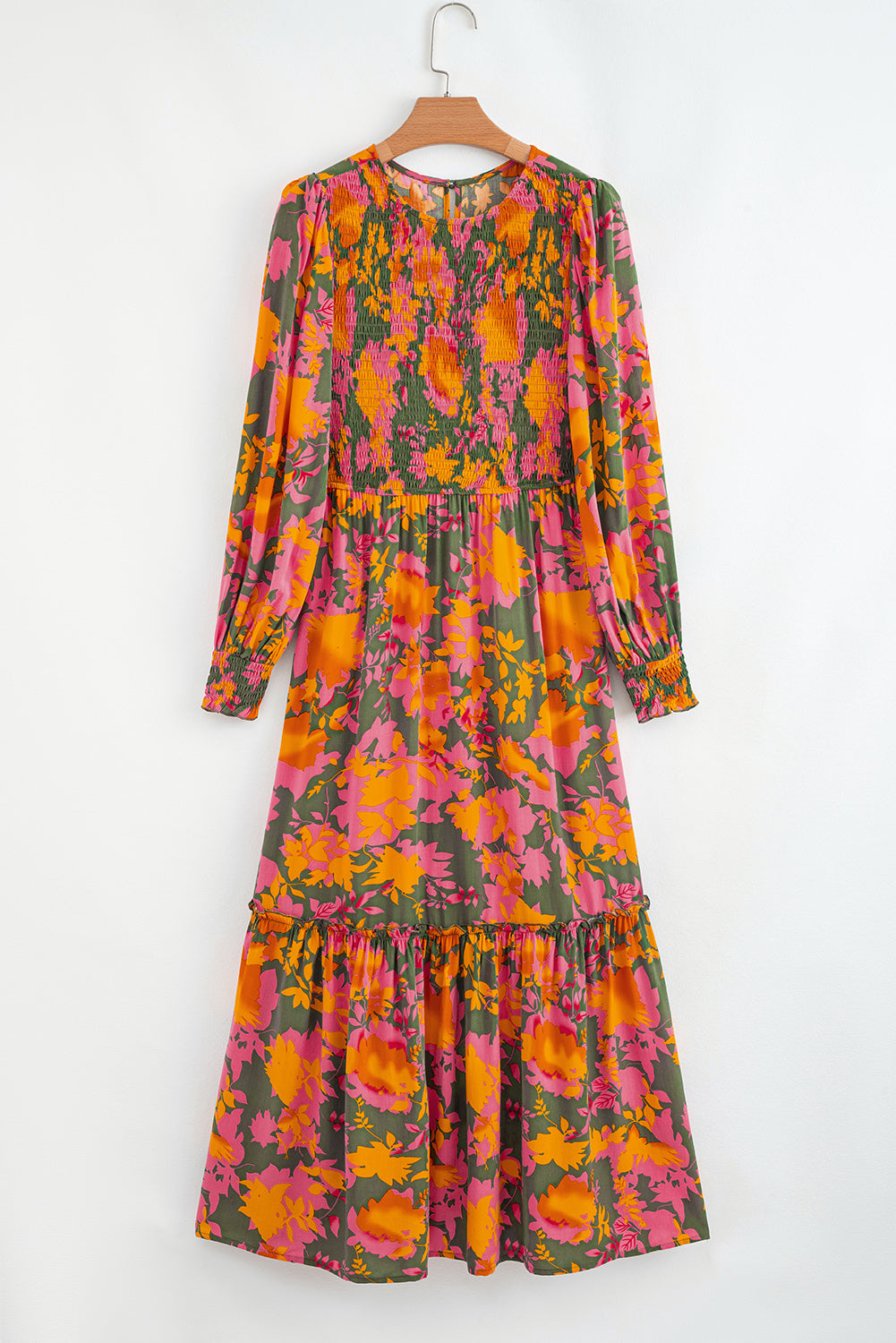 Orange Floral Puff Sleeve Smocked Ruffle Maxi Dress