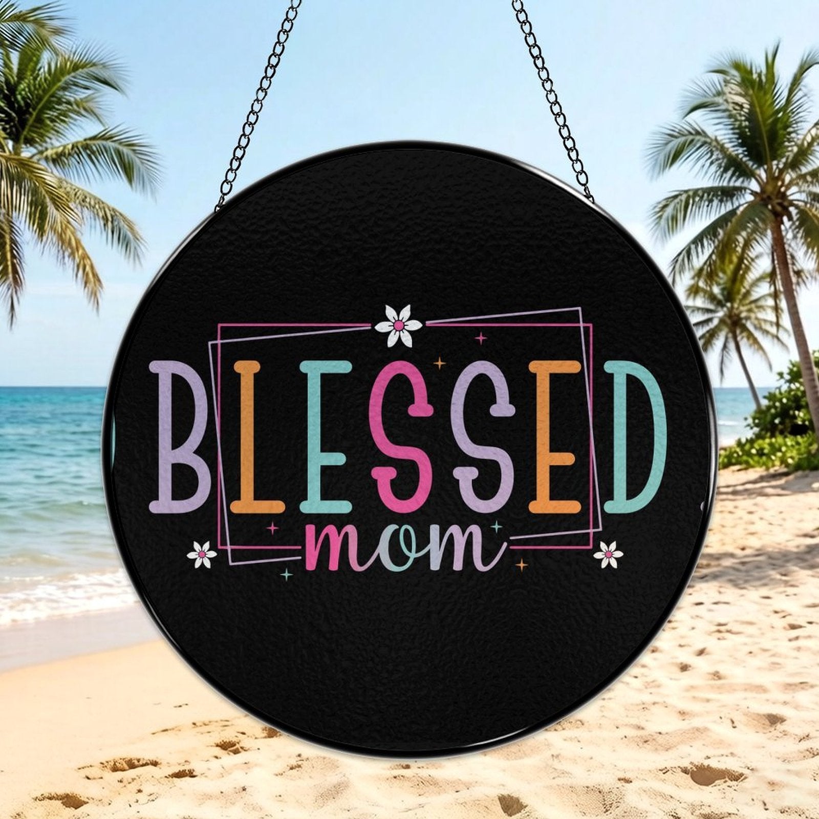 Blessed Mom Black Glass Suncatcher with Chain