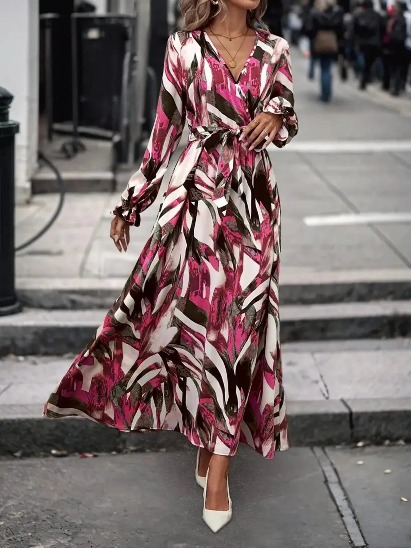 Printed Surplice Belted Flounce Long Sleeve Maxi Dress
