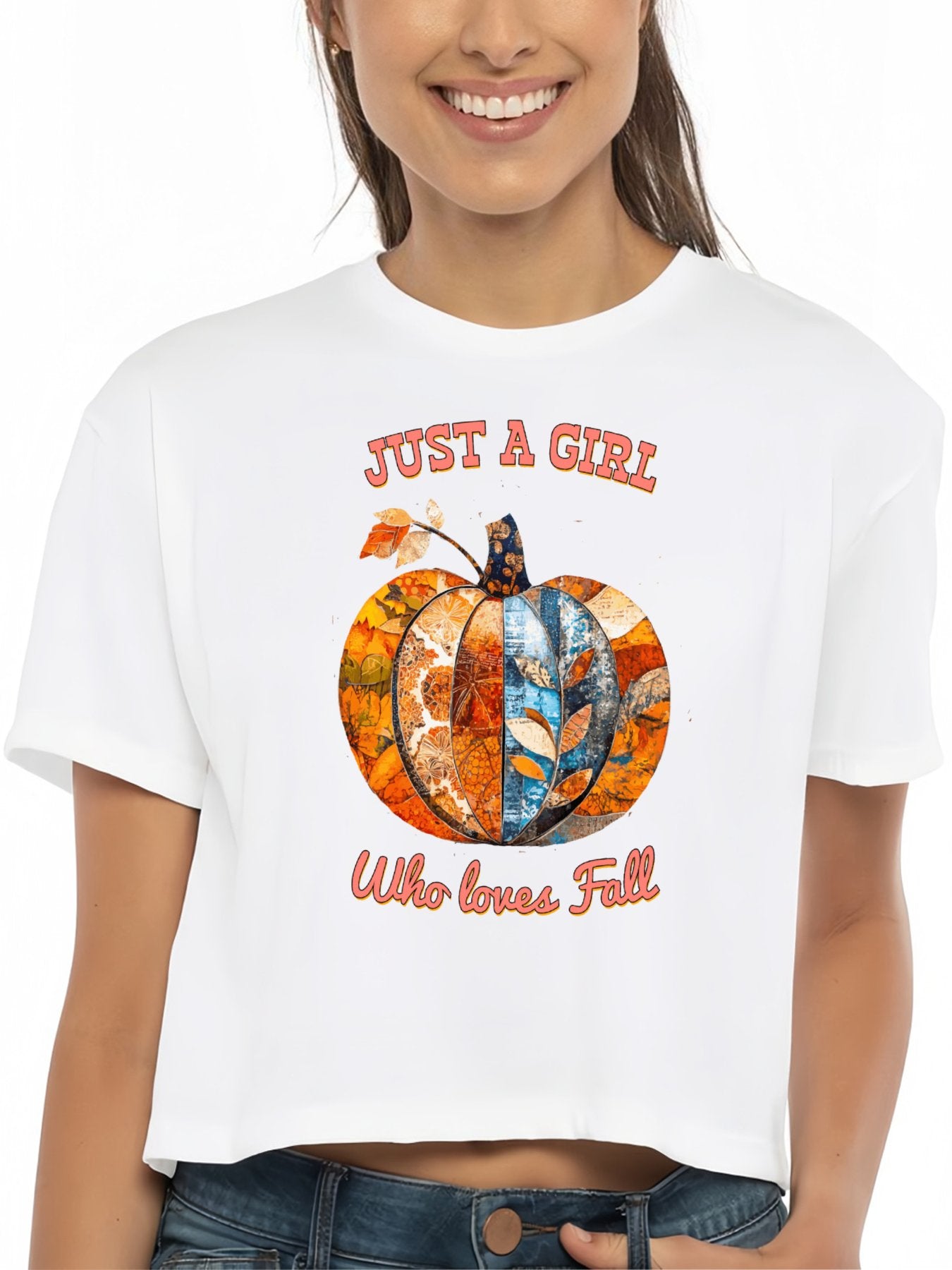 Just a Girl Who Loves Fall Pumpkins Cotton Crop Top for Women (Front Printing)