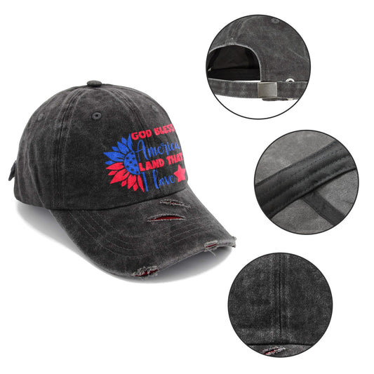 God Bless America Distressed Baseball Cap with Red Broken Marks (Made in Queens)