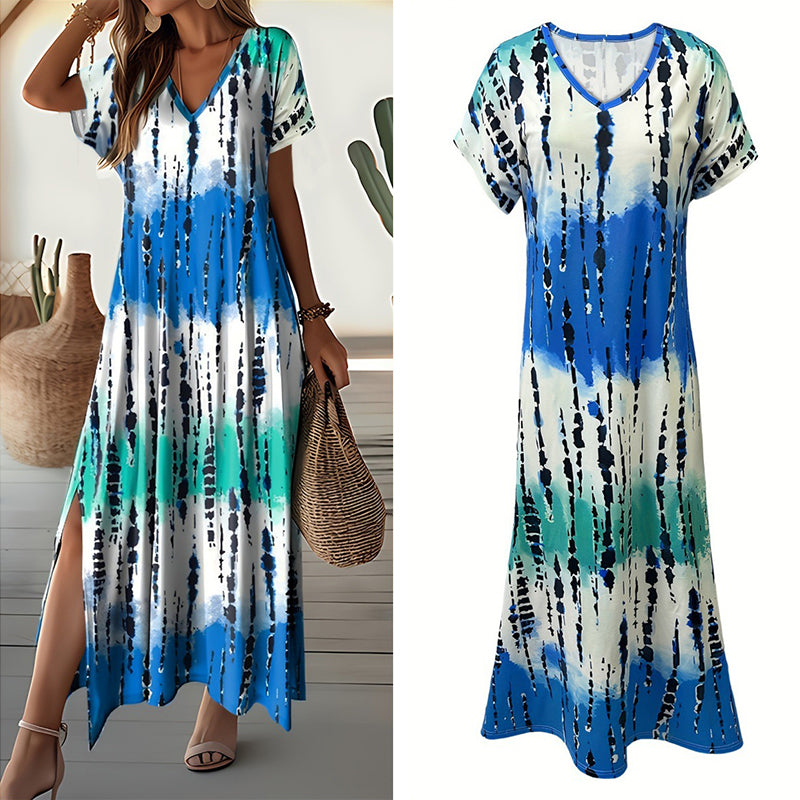 Women's Summer Tie Dye Short Sleeve V-neck Casual Loose Maxi Dress