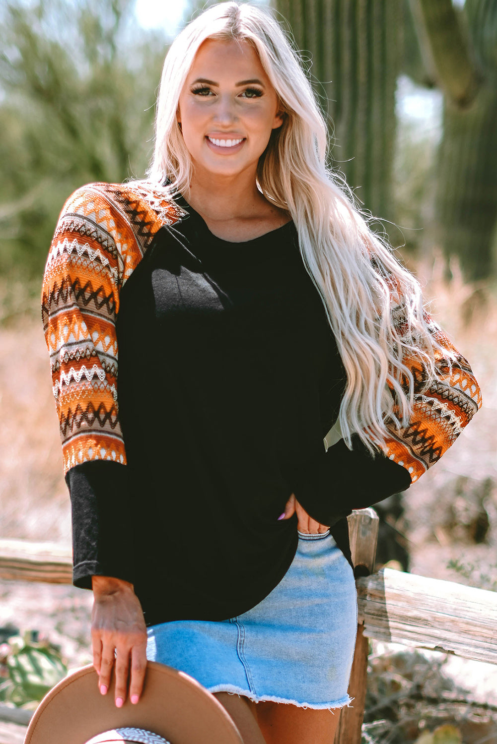 Orange Geometric Print Raglan Patchwork Long Sleeve Shirt