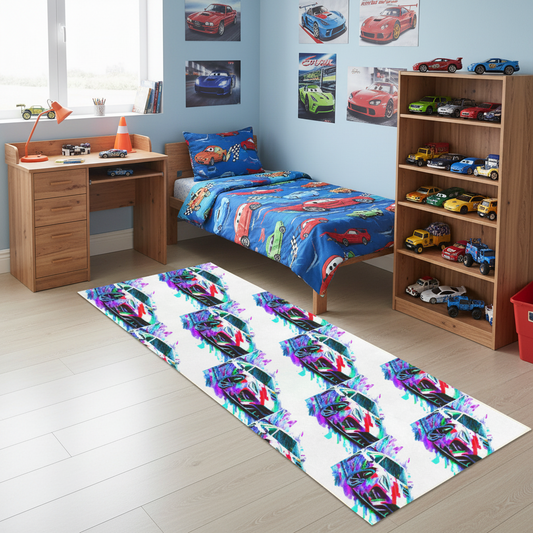 Fast Sports Car Washable Faux Microfiber Runner Rug 60" x 22" | Ship From USA