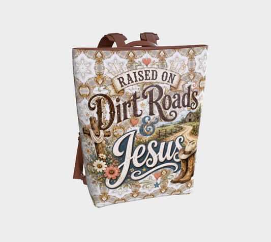 Raised on Dirt Roads & Jesus Vegan Leather Backpack