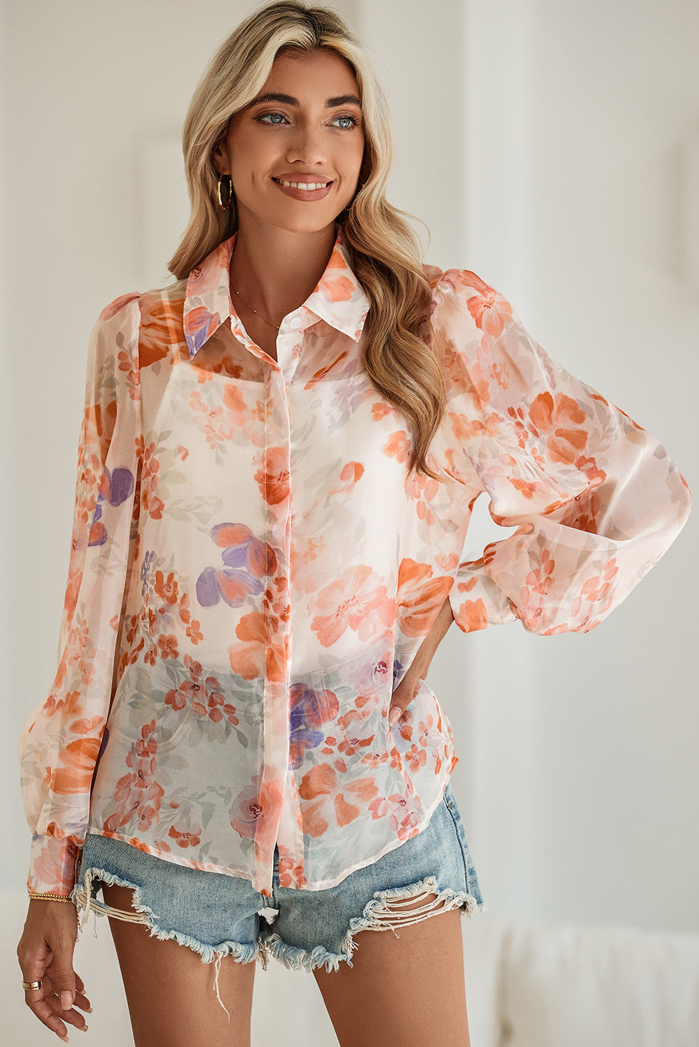 Women's White Floral Print Balloon Sleeve Loose Shirt