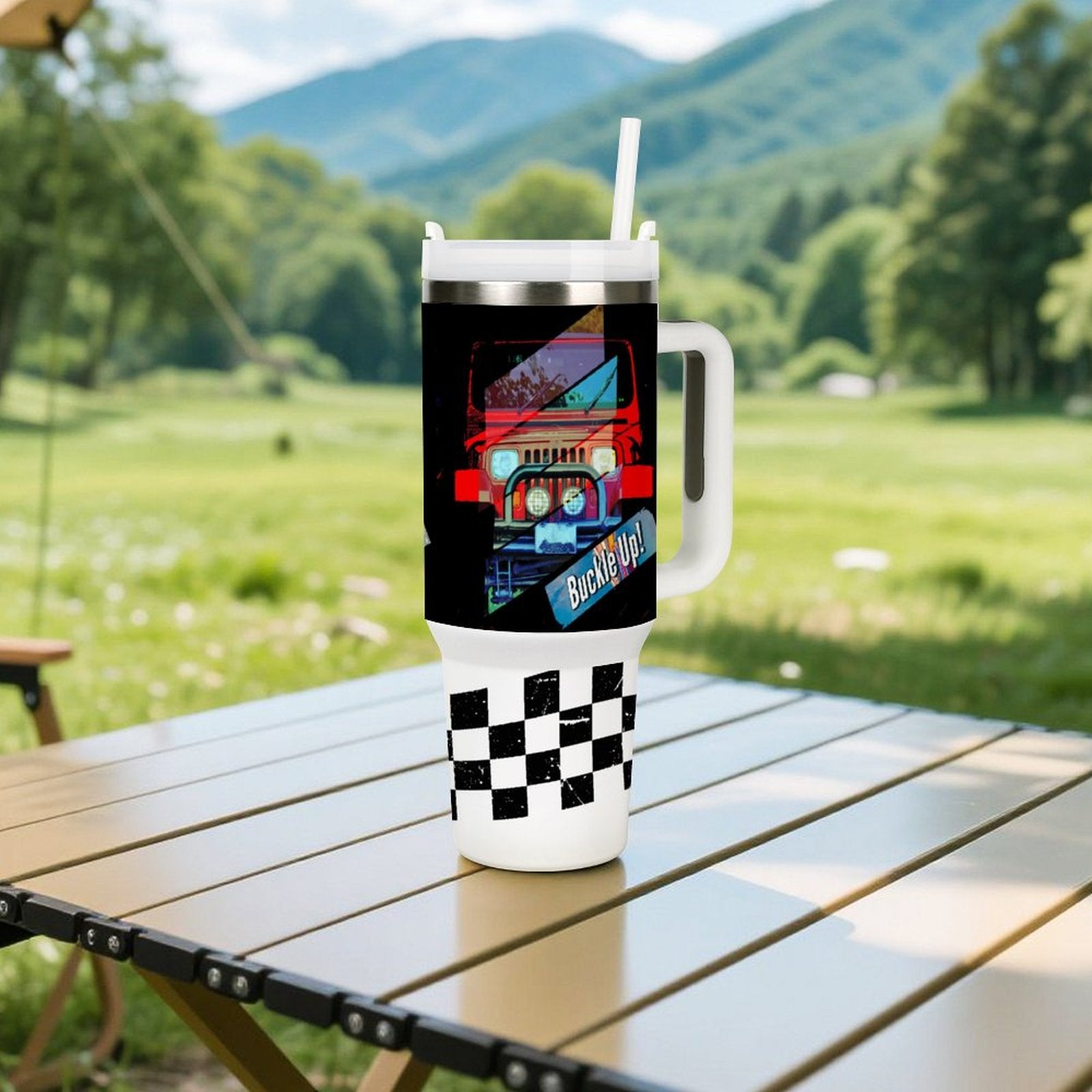 Buckle Up 4-wheel Drive 40oz Stainless Steel Insulated Tumble with Handle & Lid (Made in USA)