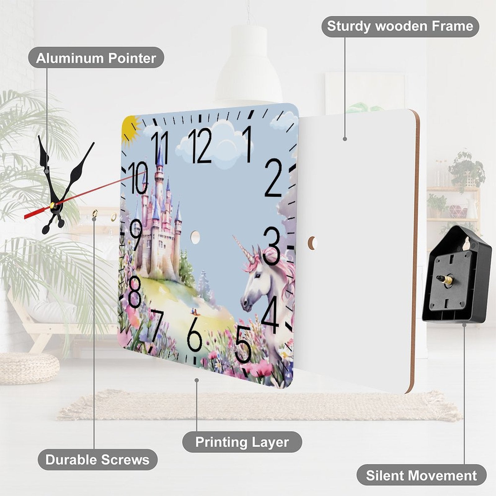 Purple Unicorn and Castle Square Wall Clock with Numbers | Ships from USA