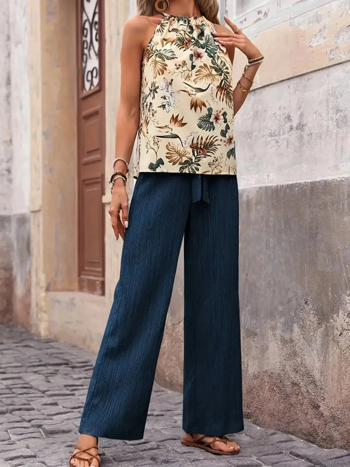 Women's Printed Tank Top and Wide Leg Pants Set Outfit