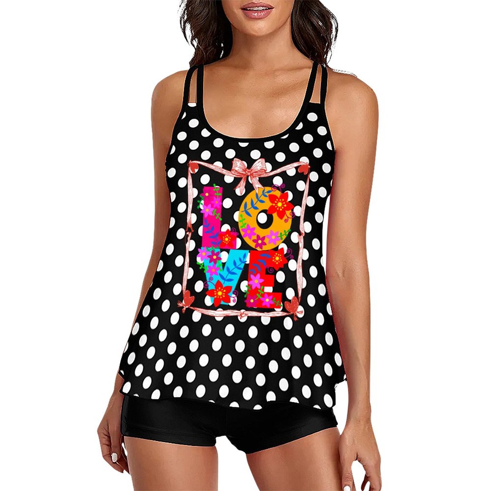 Floral LOVE Tankini Two-Piece Swimsuit for Women (Front Printing)
