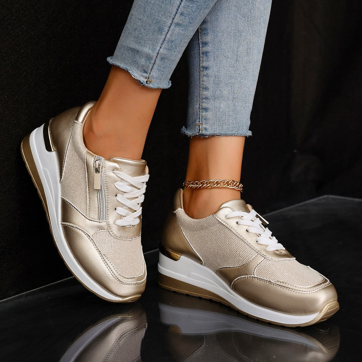 Women's Lace-up Side Zip Design Thick-soled Casual Shoes Sneakers