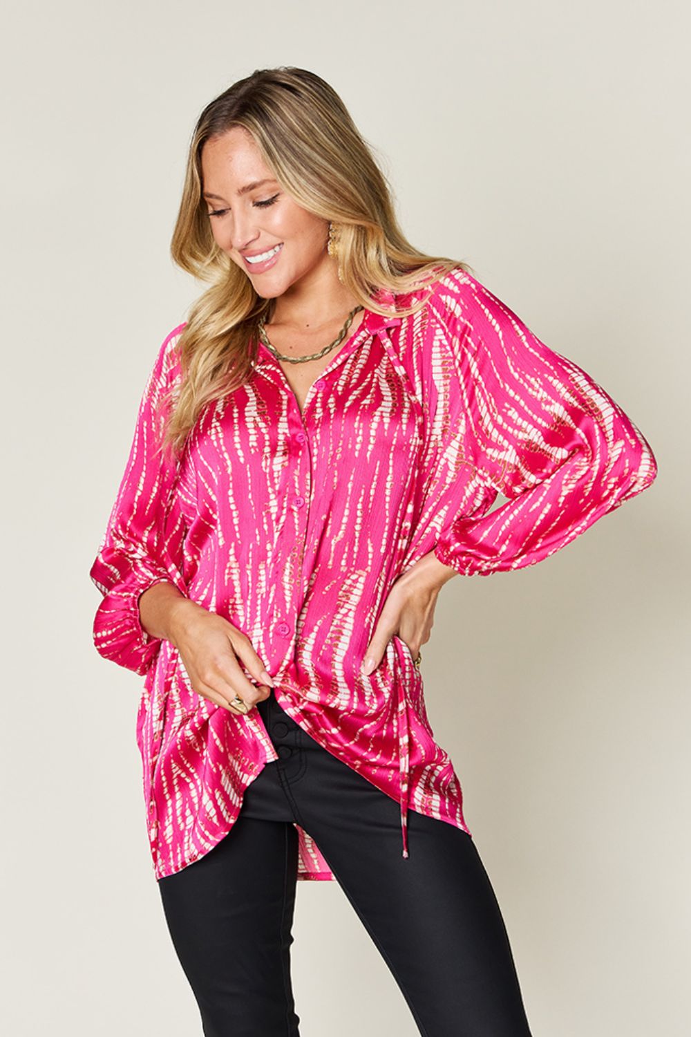 Women's Double Take Printed Button Up Long Sleeve Shirt