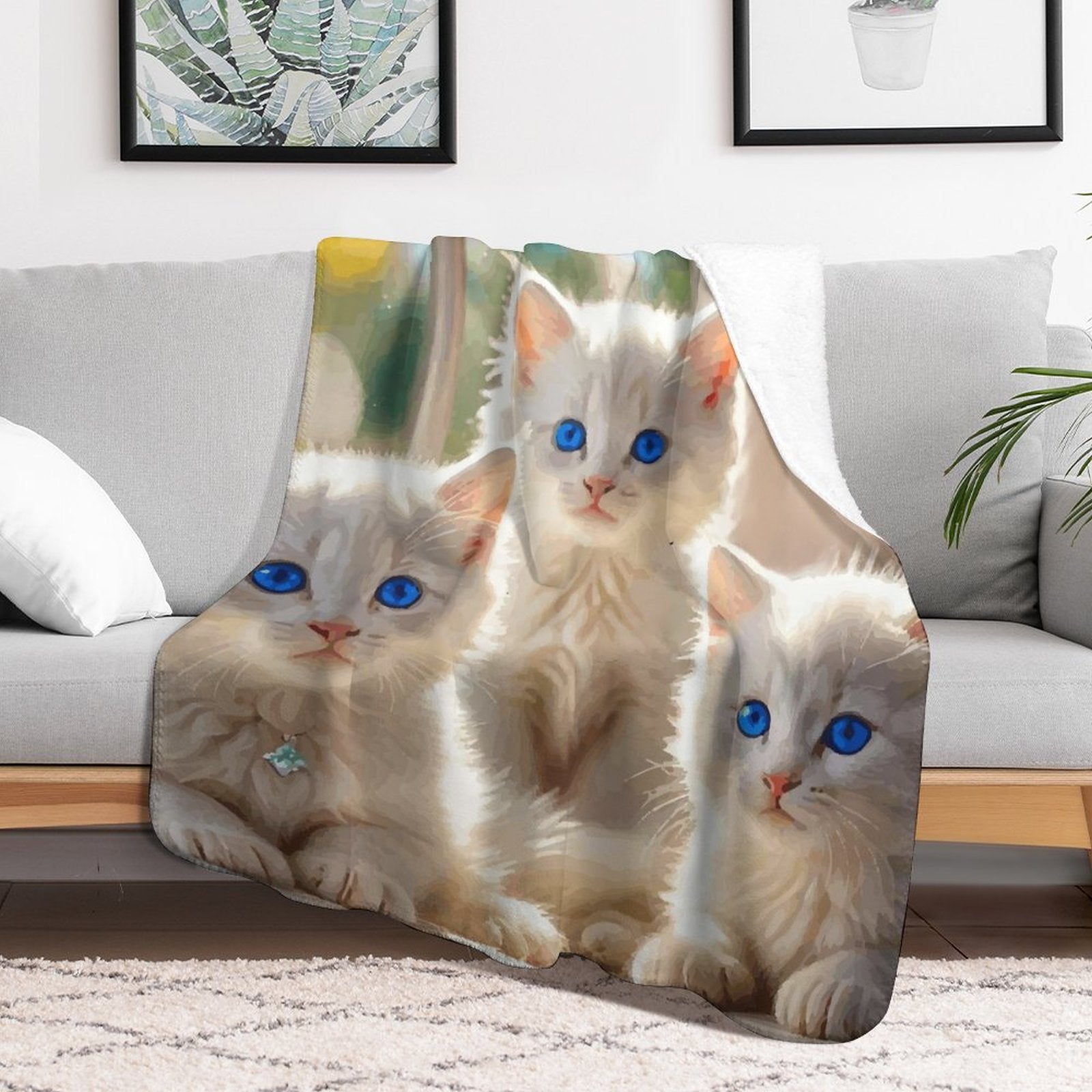 Fluffy White Kittens with Blue Eyes Sherpa Fleece Throw Blanket