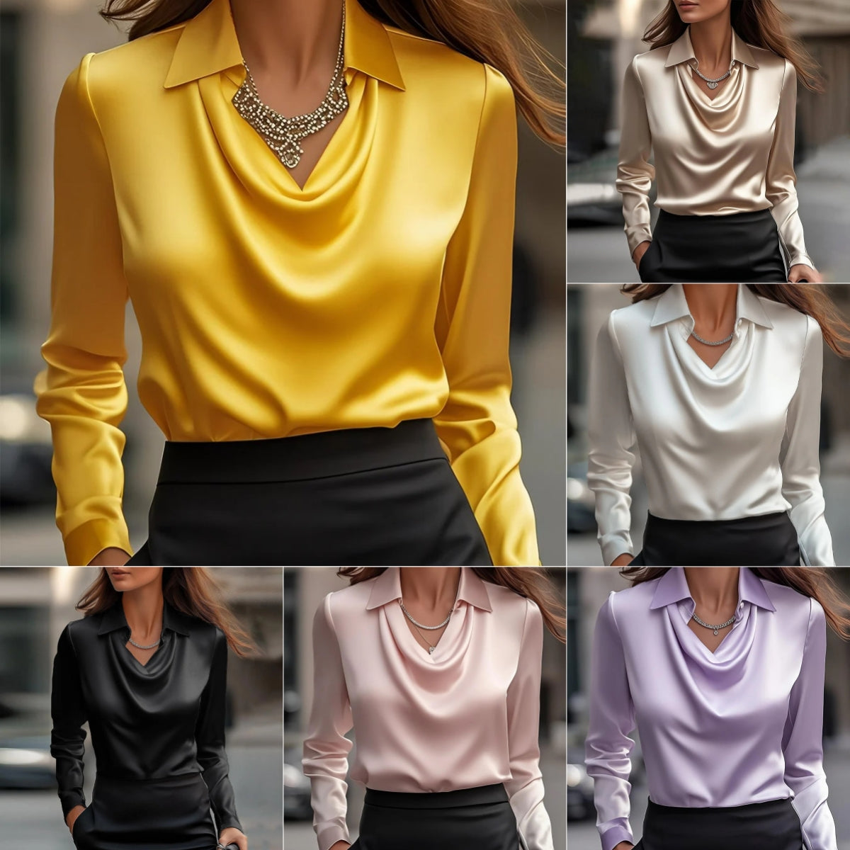 Women's Satiny Cowl Neck Elegantly Draped Long Sleeve Blouse