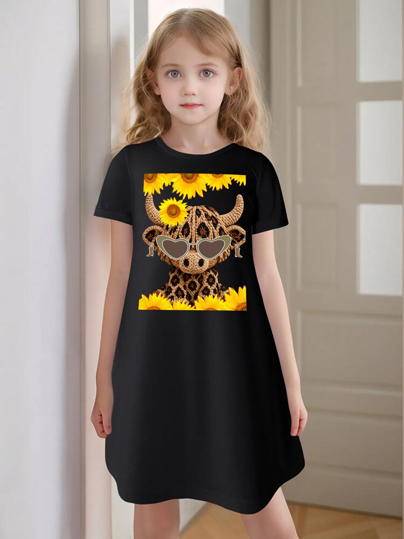 Yarn Highland Calf with Sunglasses Girls' Summer Dress (Front Printing)