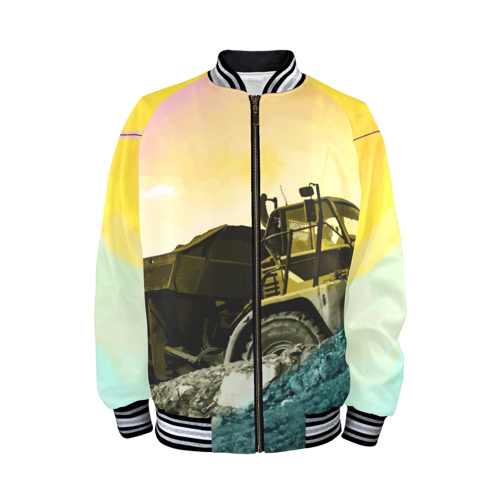 Men's Printed Design Striped Trim Bomber Jacket