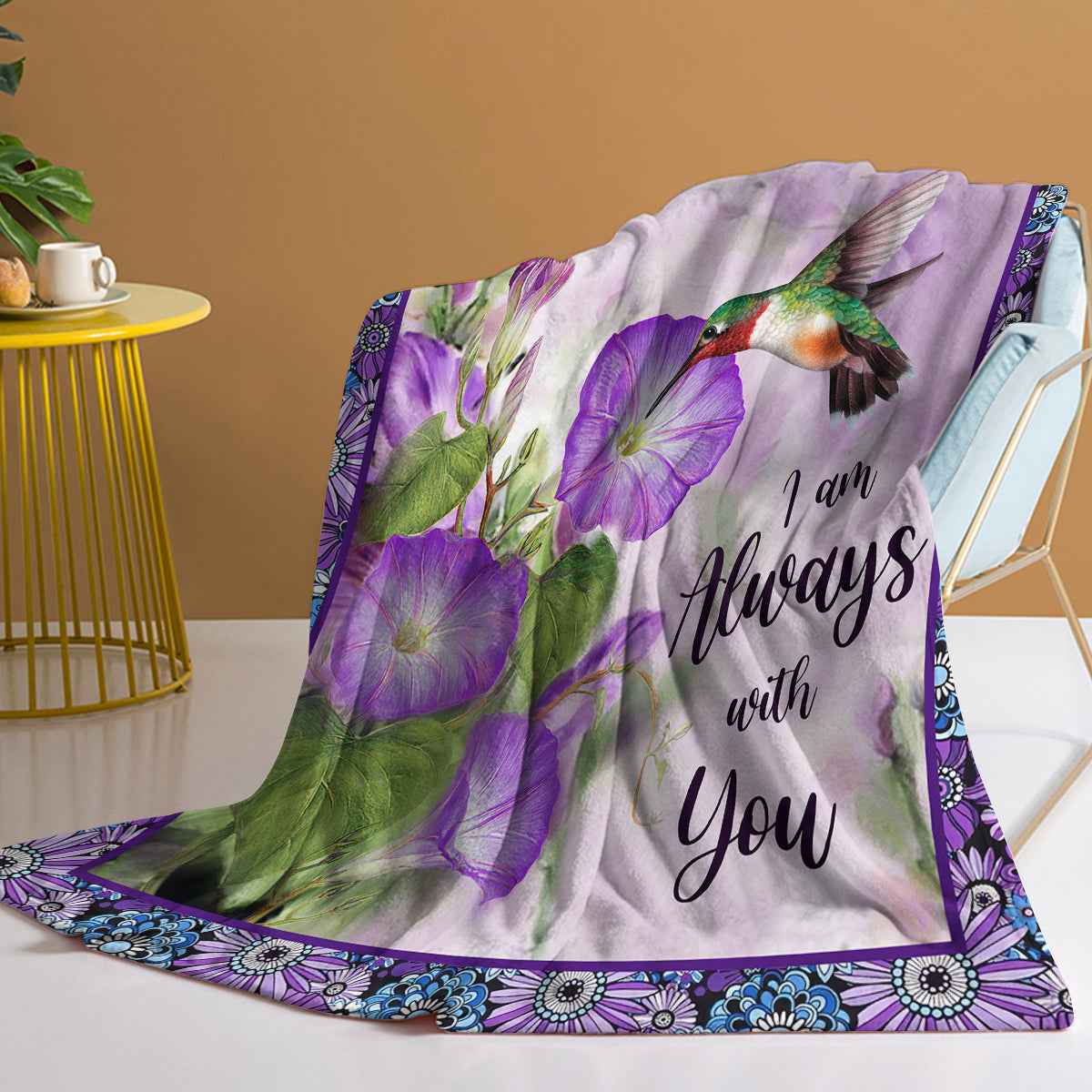 Purple Morning Glory Hummingbird Print Flannel Blanket - I Am Always With You