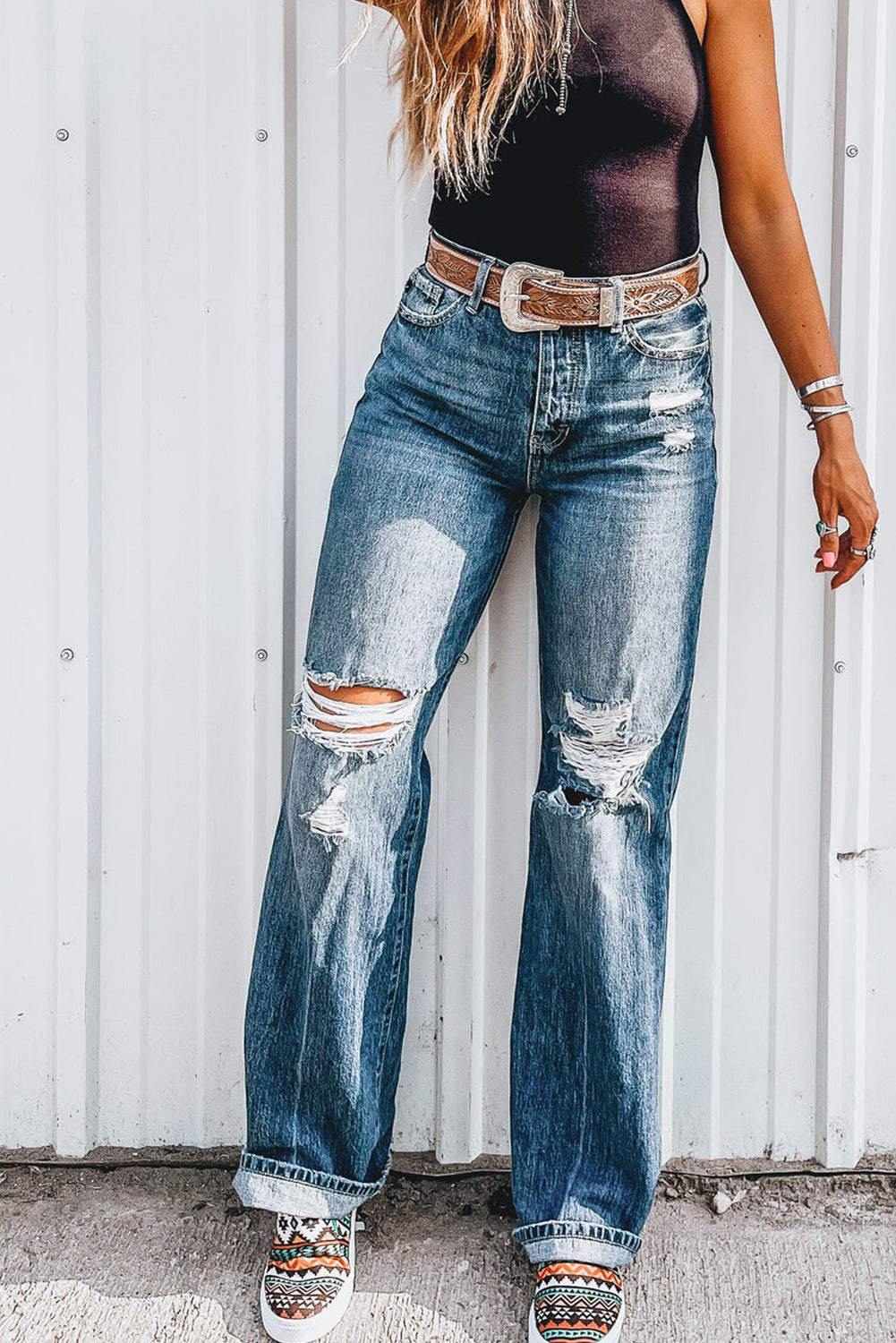 Women's Dusk Blue Mineral Washed High Rise Ripped Jeans