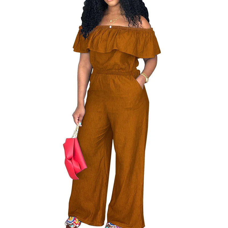 218298 Plus Size Women's Clothing 2025 Autumn New Item No Wash Denim Shawl Jumpsuit Factory