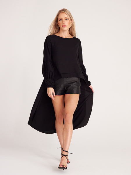 Round Neck Asymmetrical Hem Lantern Sleeve Blouse