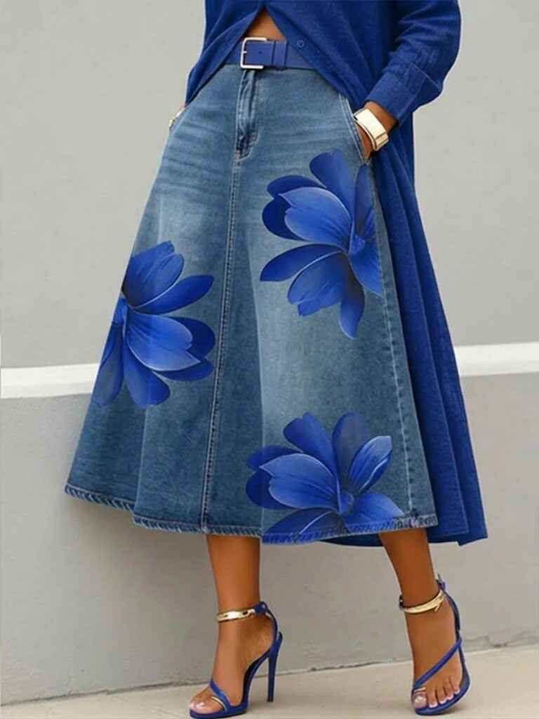 Women's Floral Print A-Line Midi Skirt – Denim-Style Boho Skirt