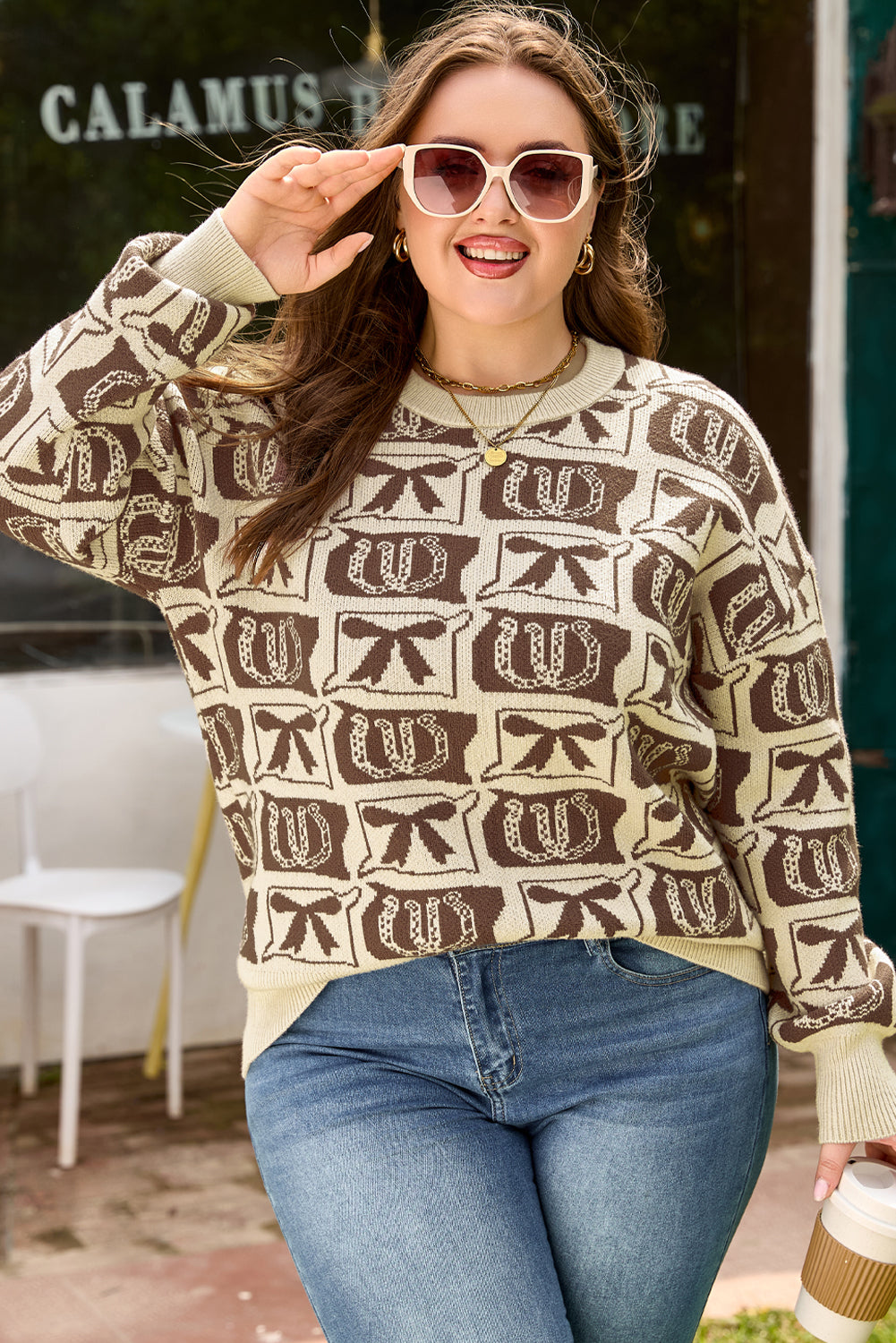 Women's Plus Size Western Bows & Horseshoes Long Sleeve Sweater