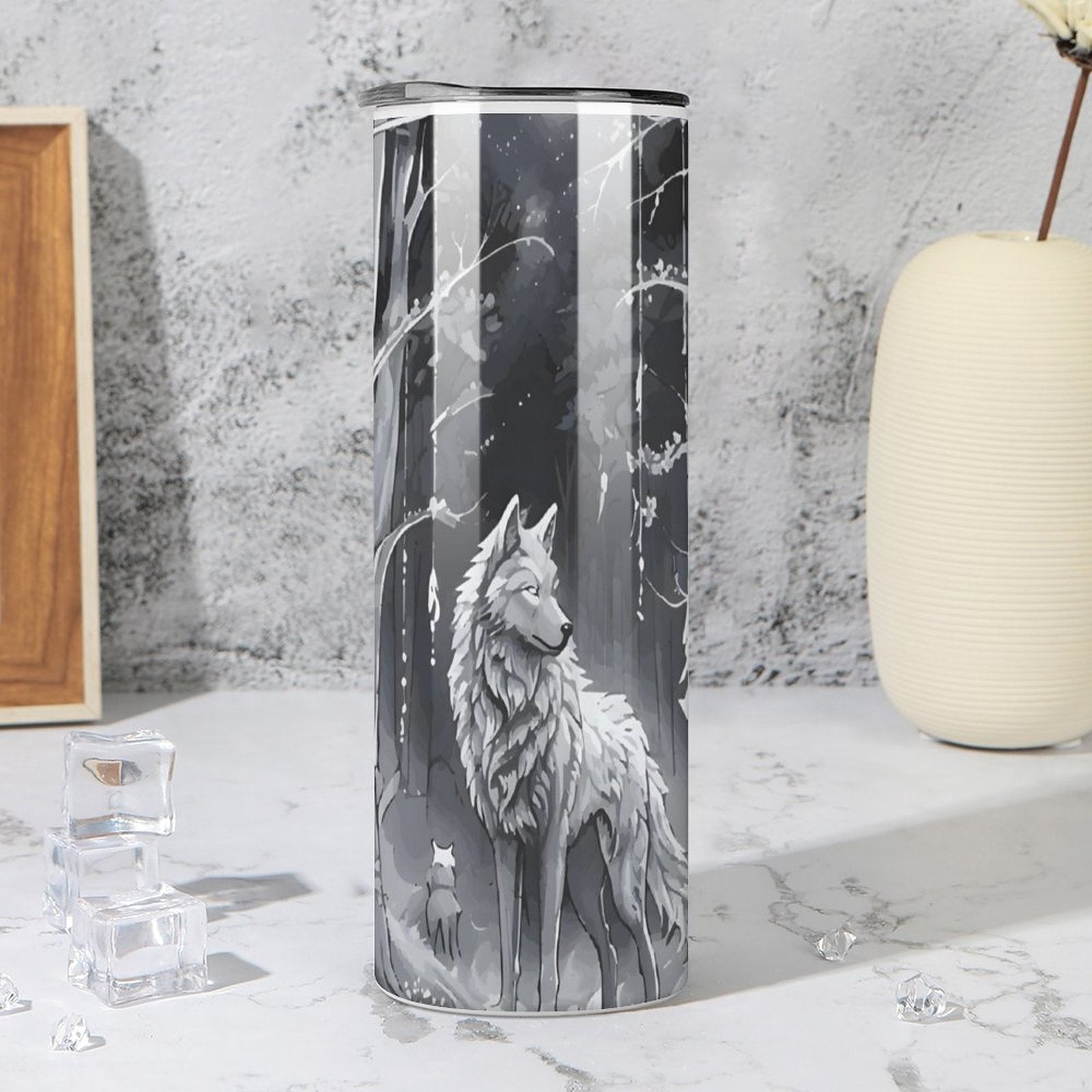 Ethereal Wolf in the Moonlight 20oz Stainless Steel Skinny Tumbler With Lid