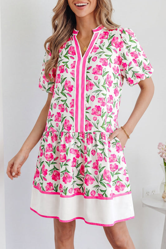 Women's Boho Sweet Pink Floral Print Short Dress