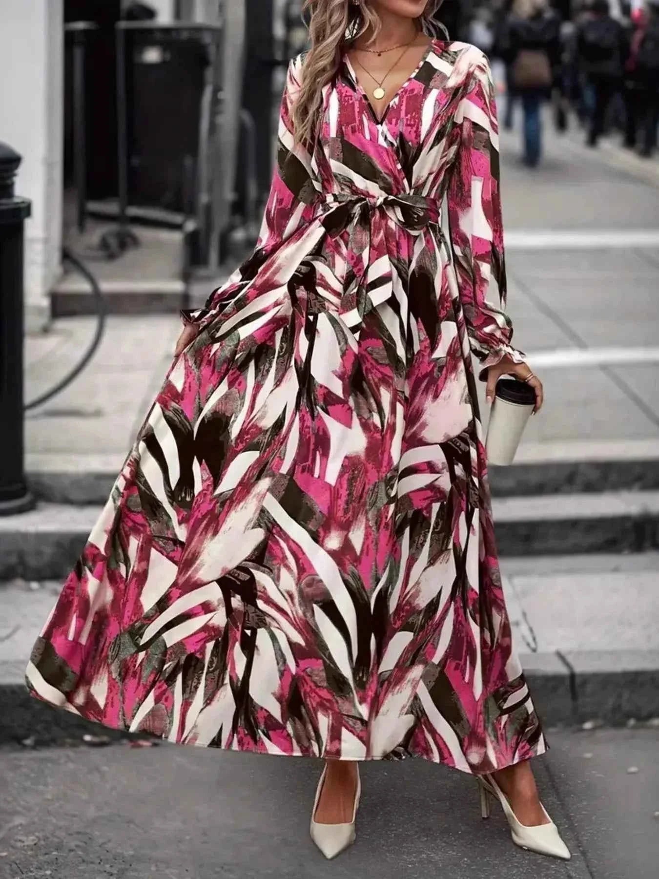 Printed Surplice Belted Flounce Long Sleeve Maxi Dress
