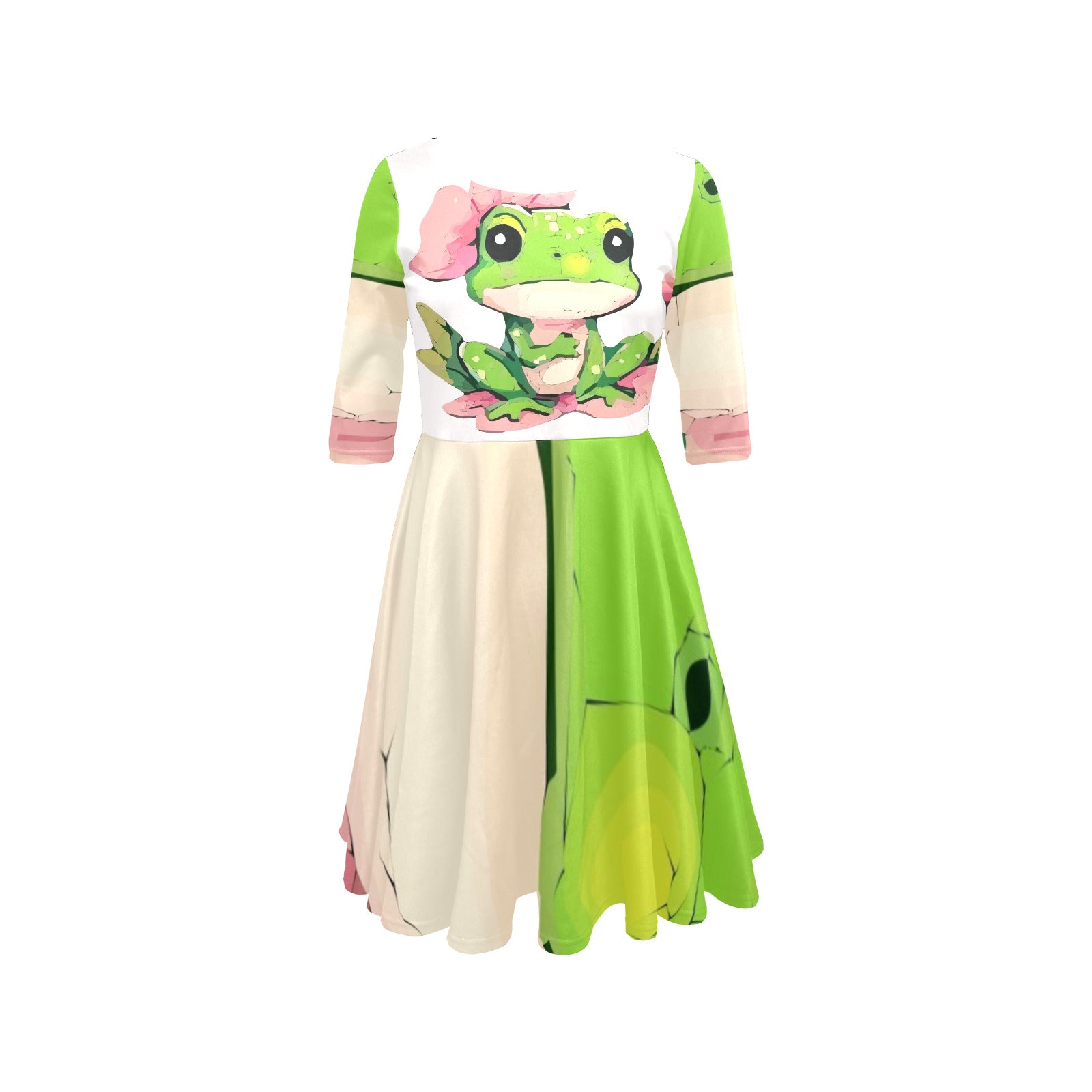 Women's Frog on Lily Pad Half Sleeve Knee Length Skater Dress