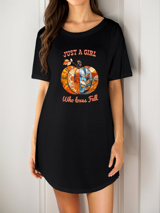 Just a Girl Who Loves Fall Pumpkins Casual Summer T-Shirt Dress for Women (Front Printing)