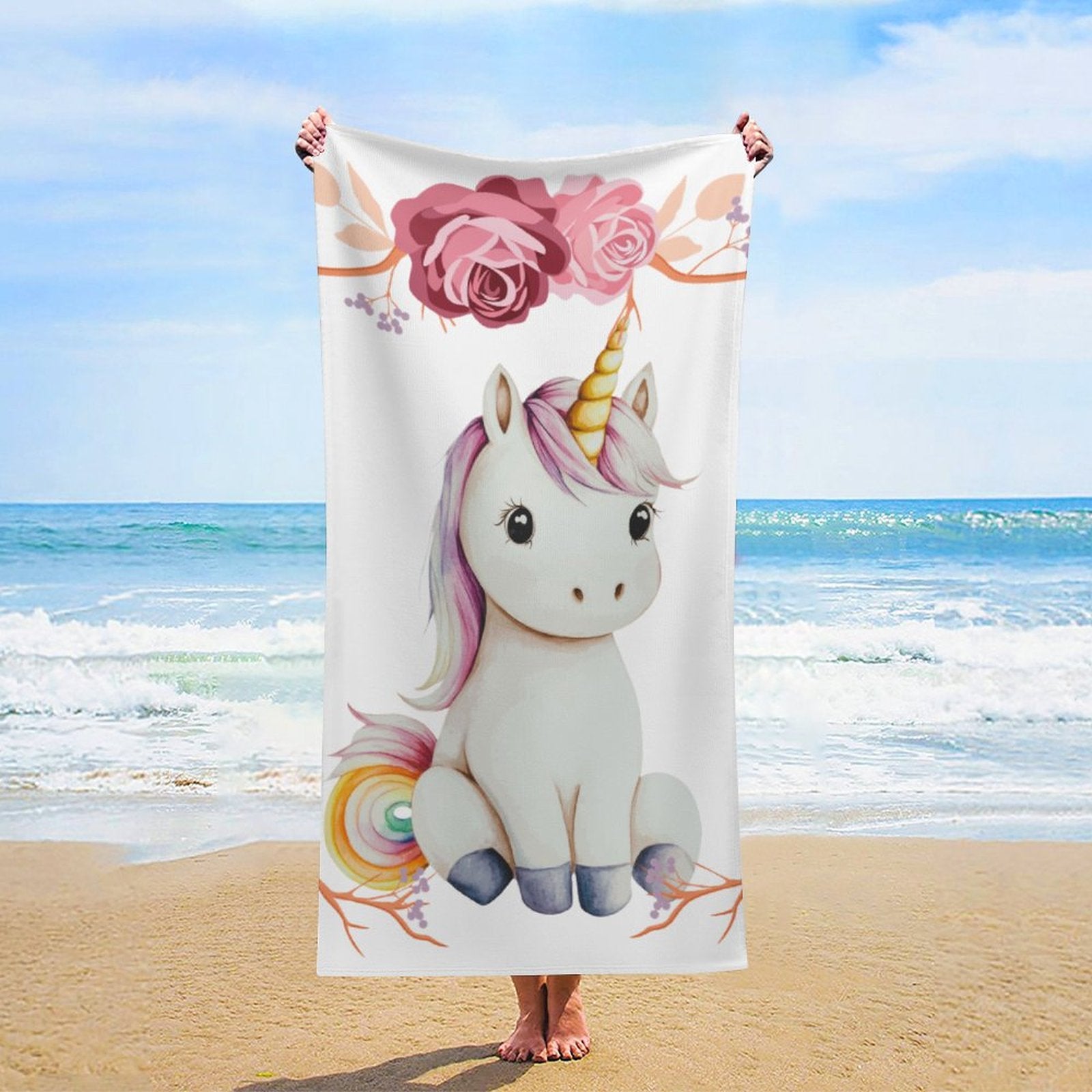 Baby Unicorn with Pink Roses Beach Towel - 61.4