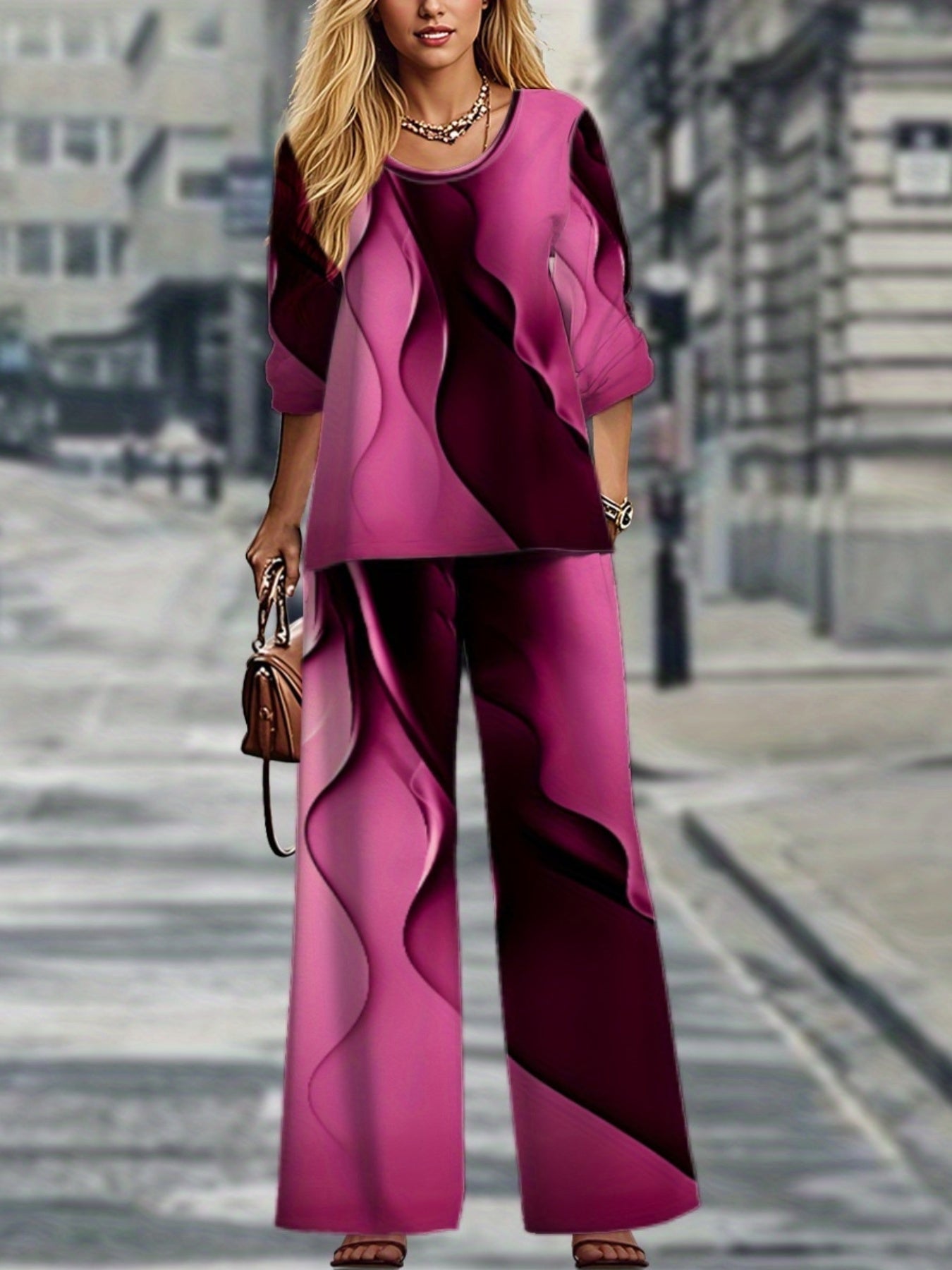 Vibrant  Geometric Plus Size Long Sleeve Top  Pants Set