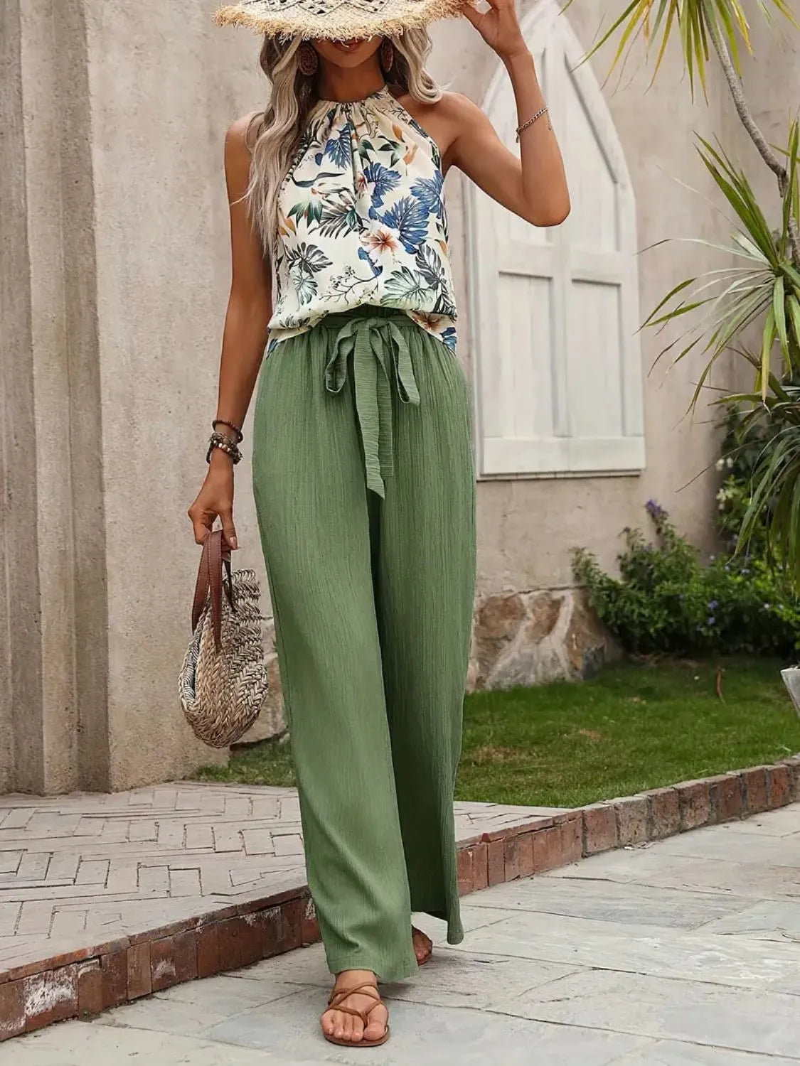 Women's Printed Tank Top and Wide Leg Pants Set Outfit