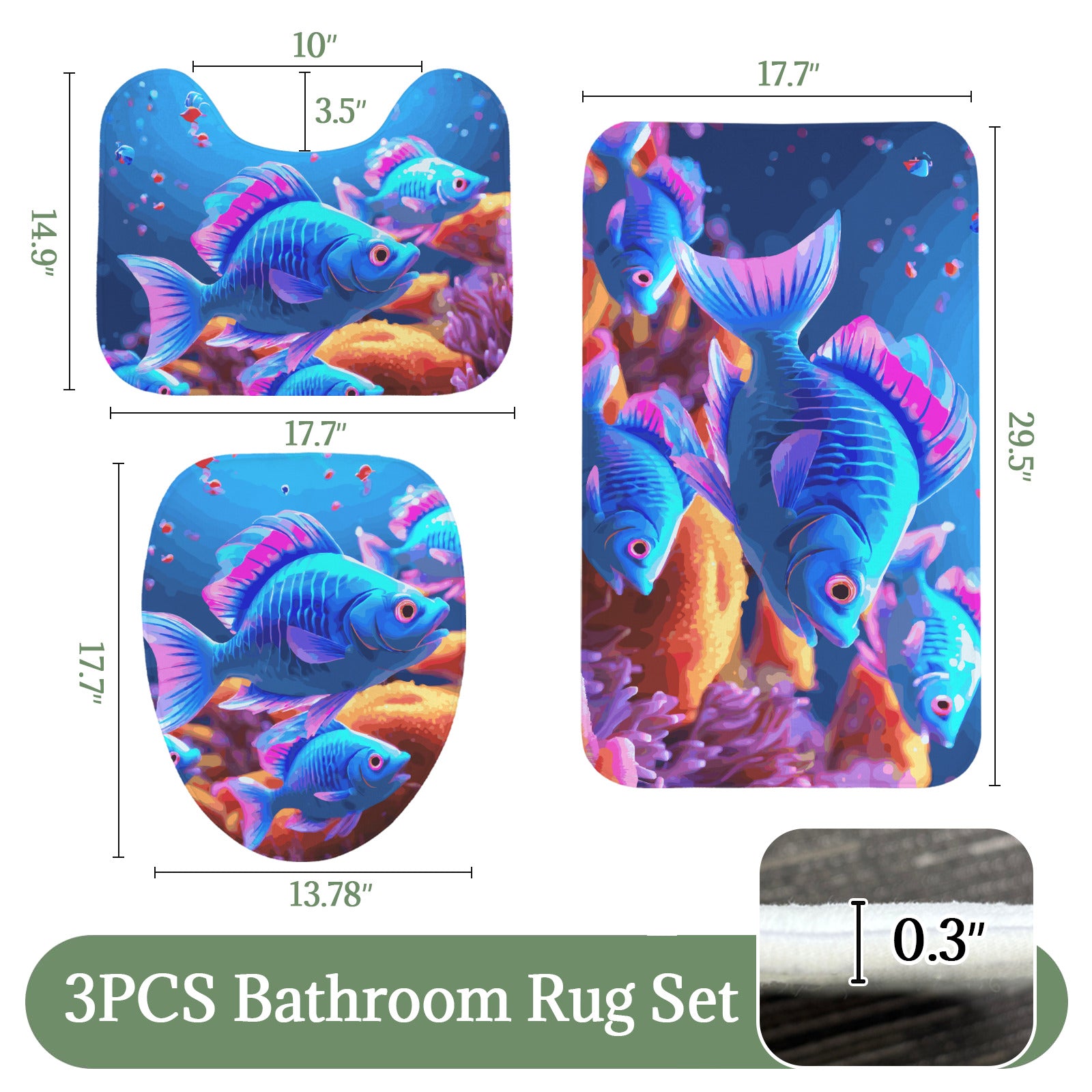 Blue Fish 3-Piece Bathroom Rug Set