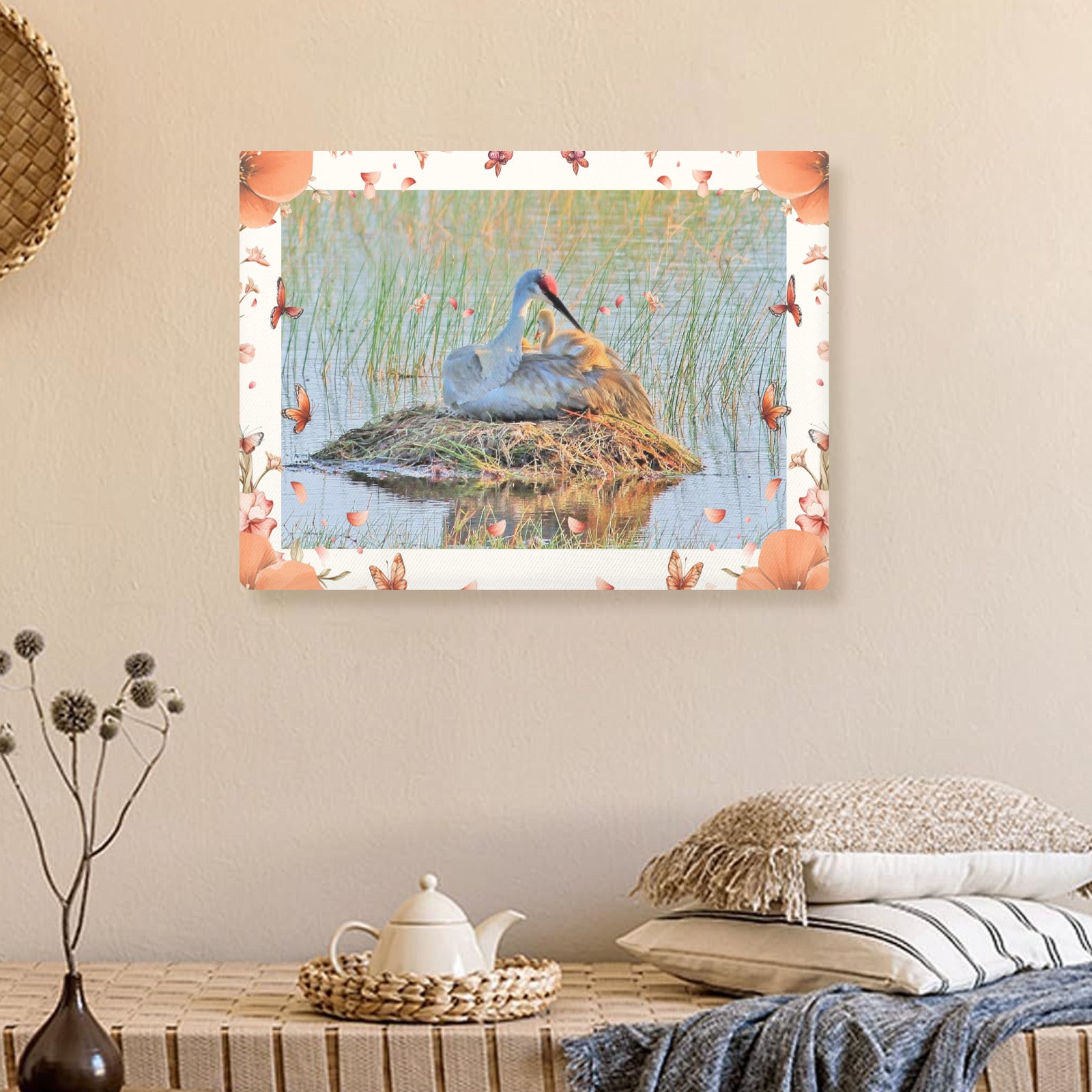 Sandhill Crane with Flower Border Frame Canvas Print 24